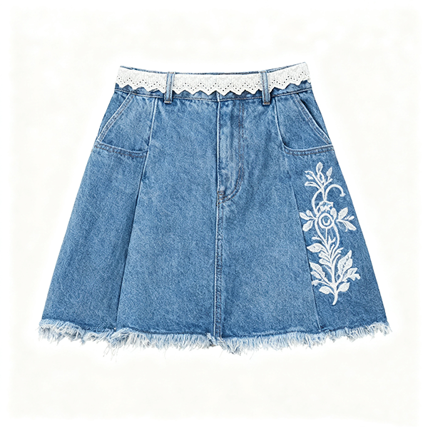 Light Blue Denim Skirt with White Embroidery & Fringe Hem